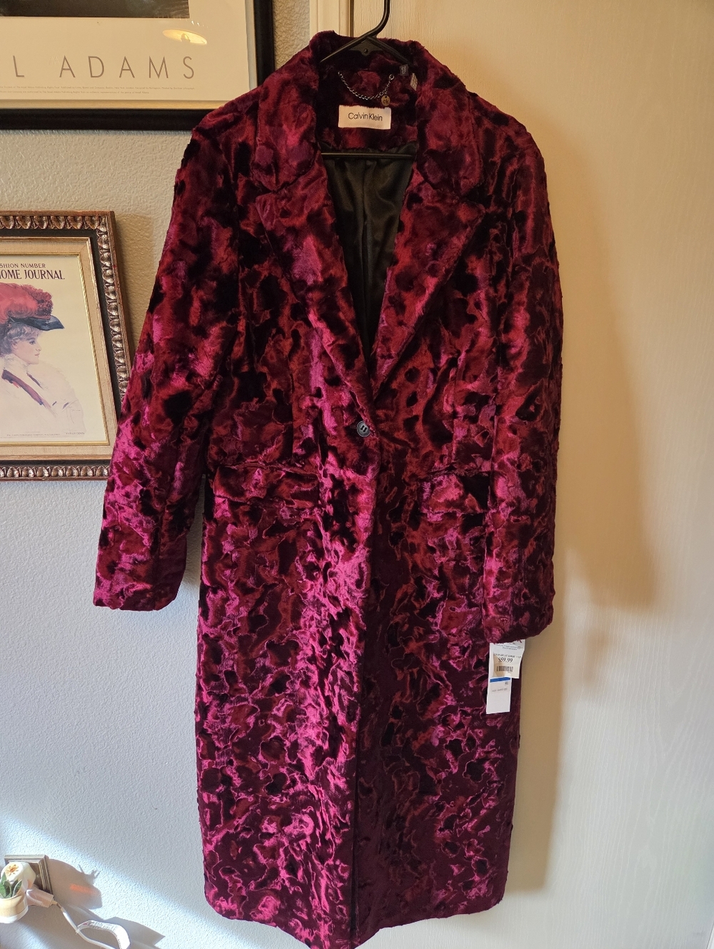Calvin Klein Plush Velvet Long Coat - Deep Wine